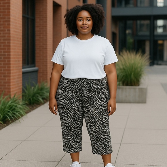 Basic Editions Black and White Geometric Capris - Picture 1 of 5